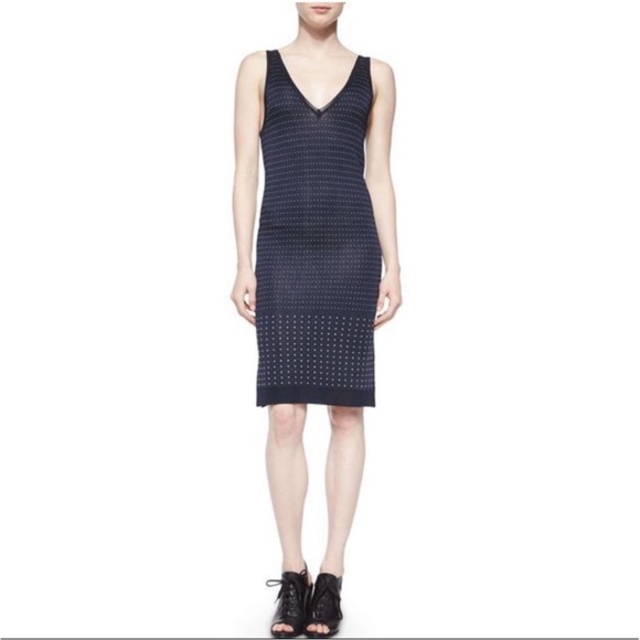 rag & bone Abigail Dot Knit Body Conscious V Neck Dress in Navy - Picture 9 of 14